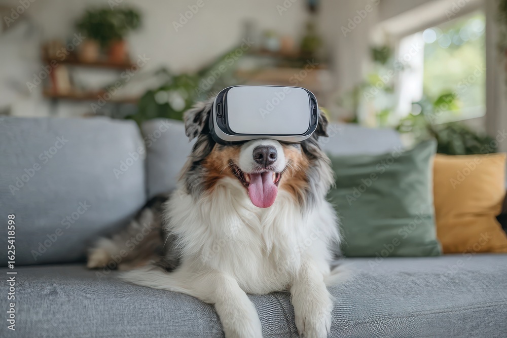 A playful dog wearing virtual reality goggles lounges comfortably on a sofa surrounded by decorative pillows. The relaxed atmosphere suggests a fun indoor activity taking place.