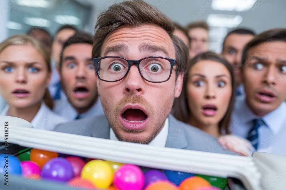 A group of office workers express surprise and excitement as they gather around a container filled with colorful balls. Their faces show a mixture of amazement and joy during the unexpected event.