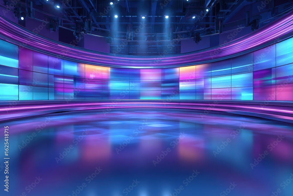 A spacious studio features curved walls adorned with colorful display panels.