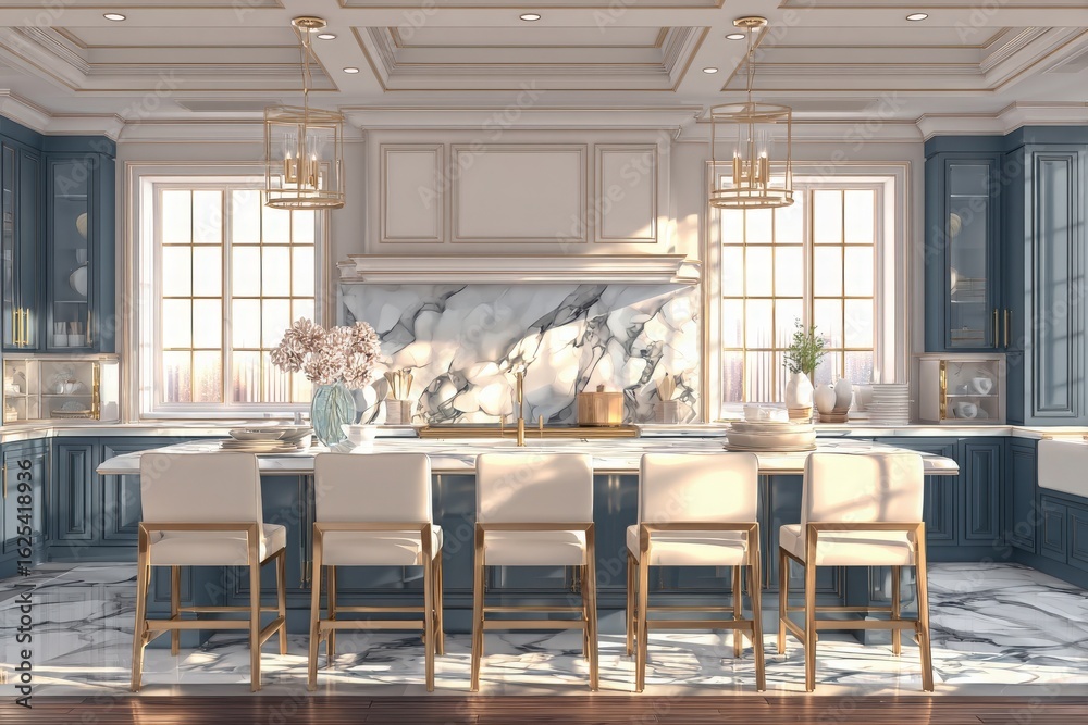 Bright and modern kitchen featuring stylish blue cabinetry, a marble countertop island, and elegant lighting. Natural light streams through large windows, enhancing the inviting atmosphere.