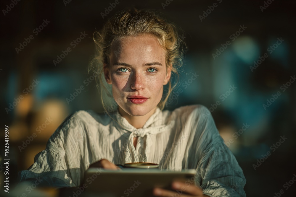 A young woman with blonde hair and striking blue eyes holds a warm drink. She is dressed in a light-colored top and smiles softly, surrounded by a warm and inviting atmosphere during evening hours.