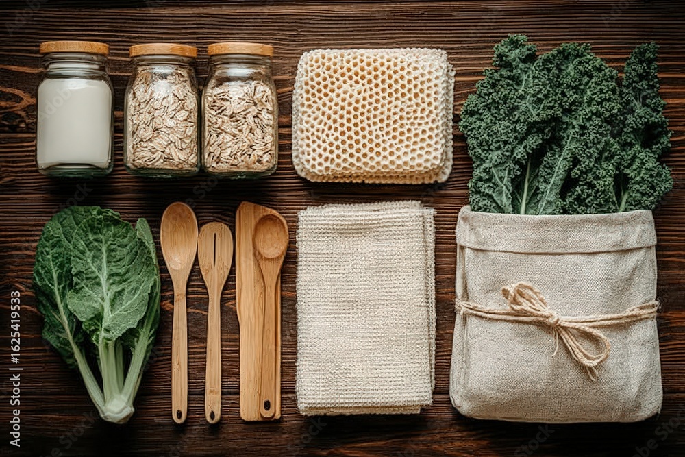 A collection of fresh kale, leafy greens, glass jars filled with oats and milk, honeycomb, wooden spoons, and cloth towels arranged on a rustic wooden table, creating a cozy kitchen atmosphere.