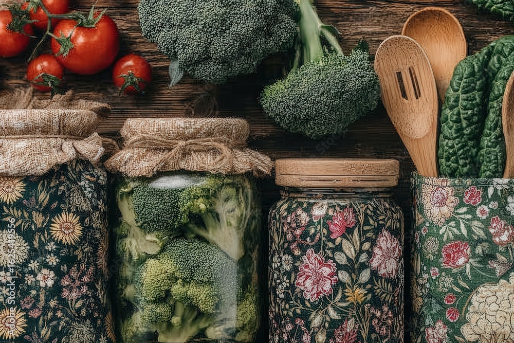 Fresh tomatoes and vibrant broccoli are displayed alongside jars filled with preserved broccoli. Wooden utensils rest nearby, creating a rustic kitchen atmosphere that highlights healthy eating.