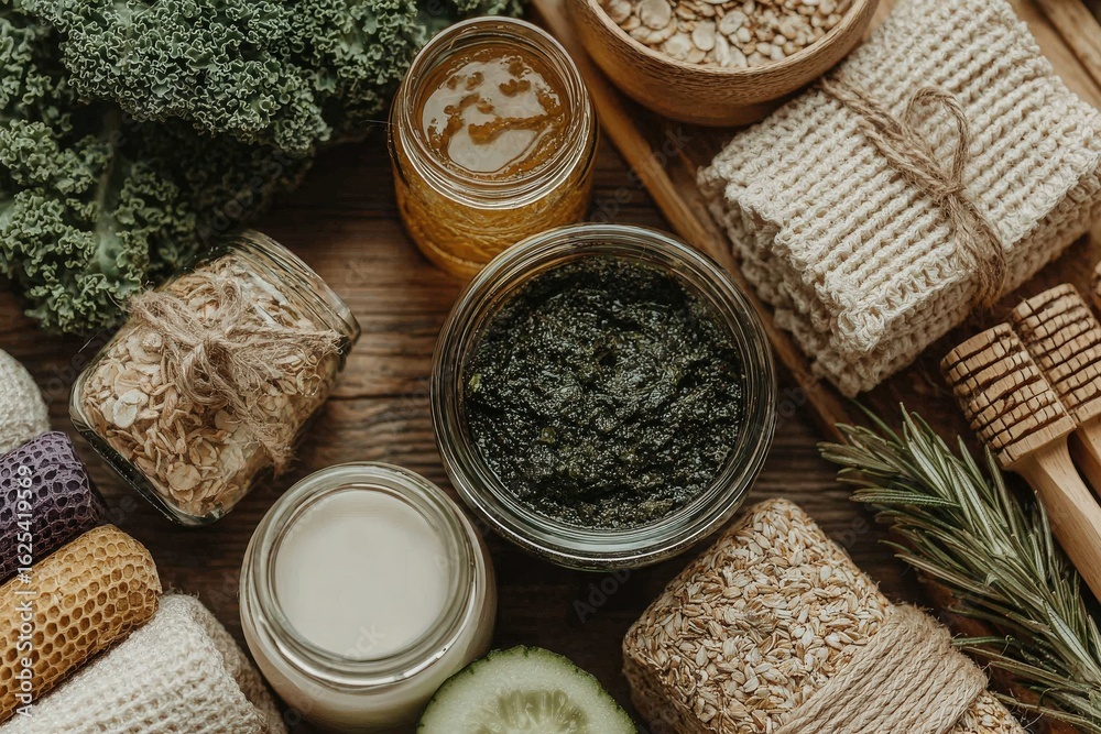 Various jars filled with organic ingredients, herbs, and natural products are artfully arranged on a wooden table, creating a serene and healthy workspace for wellness and self-care activities.