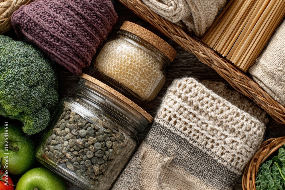 Fresh vegetables, including broccoli and green apples, are neatly arranged alongside glass jars filled with natural ingredients. Textiles and woven materials add an earthy touch to the display.