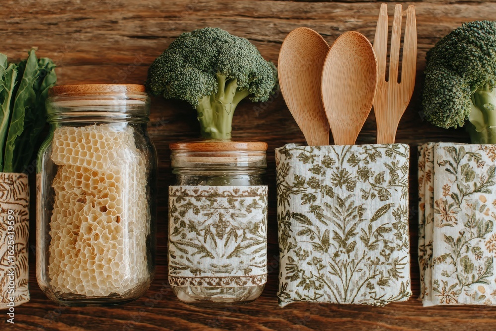 A well-organized kitchen countertop features jars of honeycomb and fresh broccoli alongside wooden utensils. The rustic wood surface highlights a natural, wholesome atmosphere ideal for cooking.
