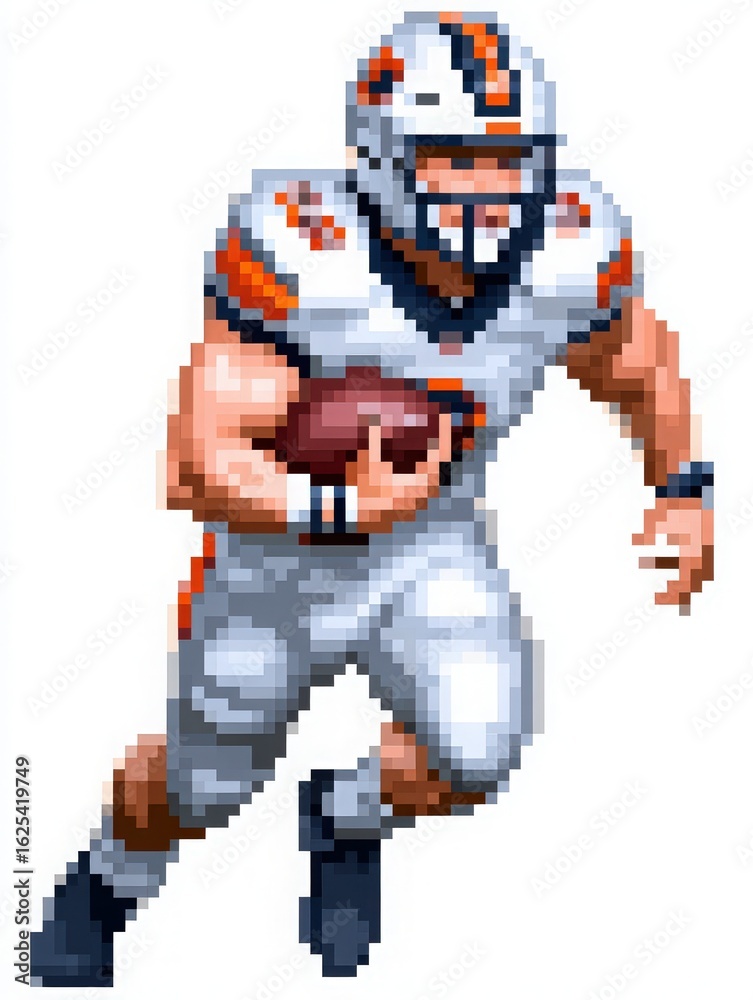 A pixel art style illustration features a running back in a white football uniform, sprinting with a football. The player showcases determination as they navigate the field with intensity.