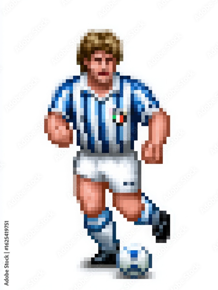 A pixelated soccer player dressed in a blue and white striped jersey is skillfully dribbling a ball.