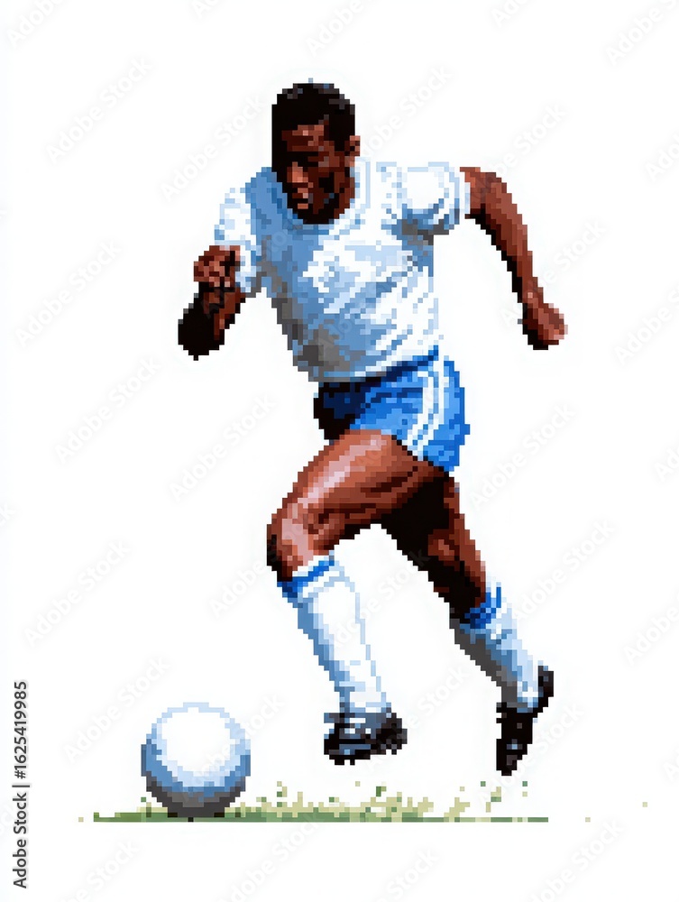 A skilled soccer player is sprinting towards a white ball, showcasing speed and agility on a lush green field. The athlete is dressed in a white and blue uniform, demonstrating passion for the game.