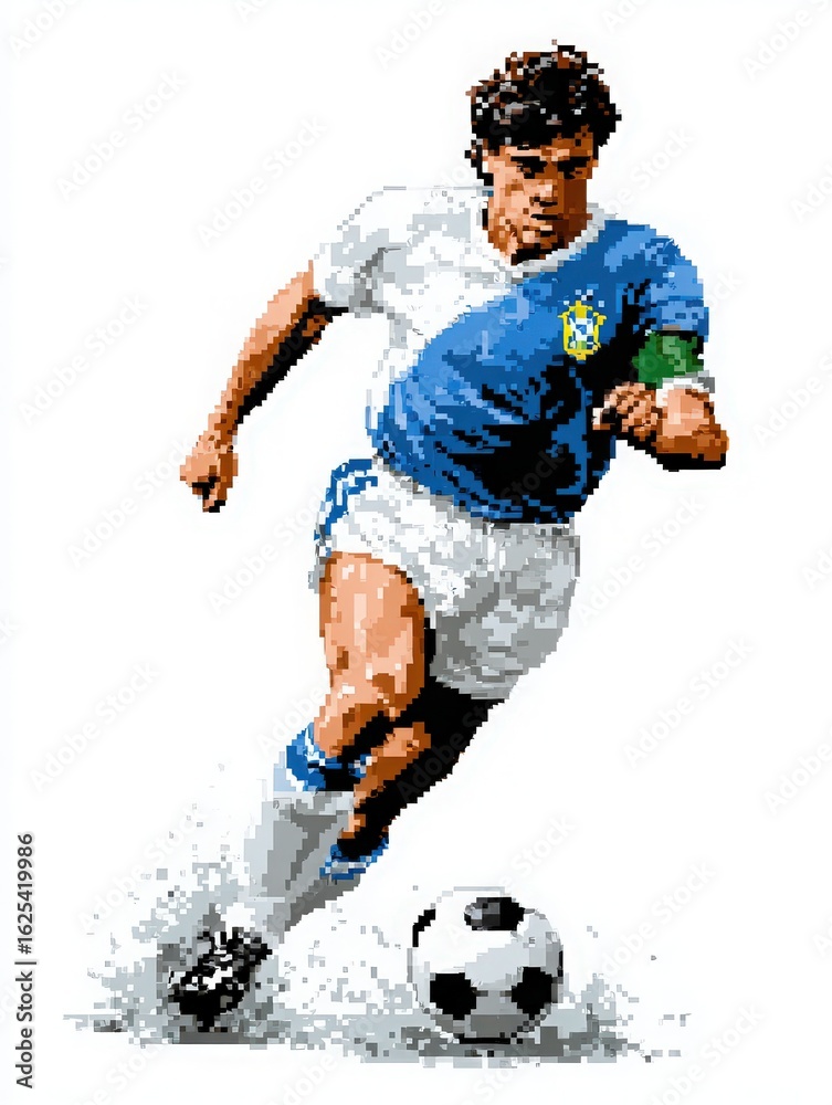 A soccer player wearing a blue and white jersey actively dribbles a ball across a grass field. The player displays intense focus and athleticism, showcasing skill during a match.