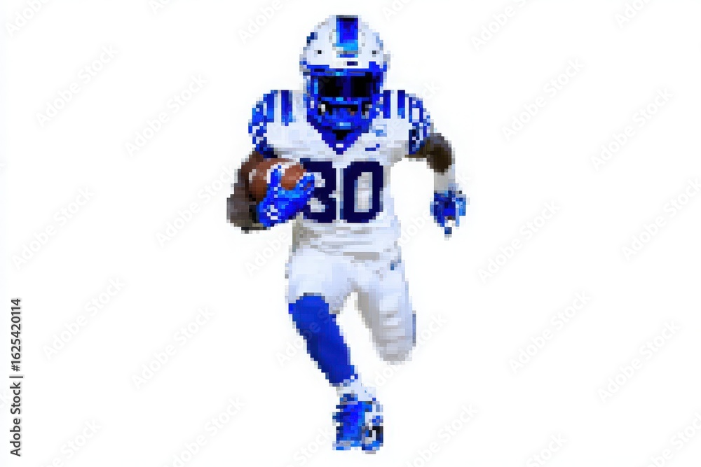 A football player in white and blue gear runs aggressively while handling the football during intense gameplay on the field. The athlete showcases speed and athleticism in action.