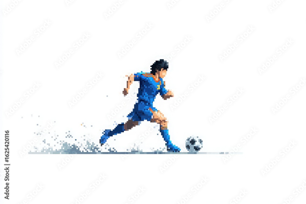 A skilled soccer player wearing a blue jersey runs swiftly on a field, preparing to kick the ball. The pixel art style emphasizes movement and energy in the game.