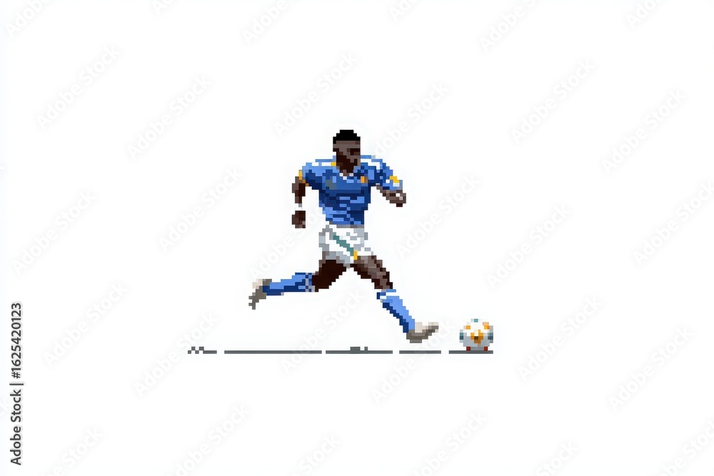 A player in a blue jersey is sprinting on the field, ready to strike the soccer ball. The scene captures the intensity of the moment during a match, showcasing the players focus and athleticism.