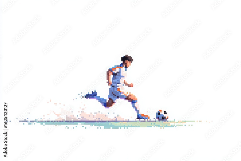 A young athlete in light blue attire runs energetically on a sandy beach while dribbling a soccer ball. The bright sun creates a vibrant atmosphere, perfect for outdoor sports.