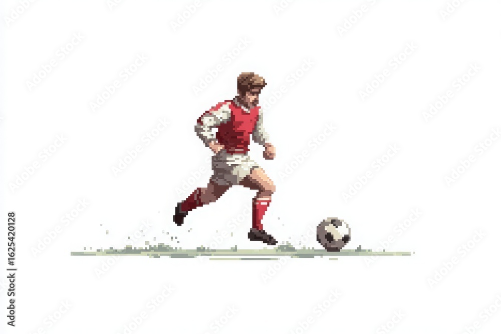 A soccer player, depicted in pixel art style, is dribbling a football on a grassy field. He wears a red jersey with white shorts and is captured mid-run, showcasing skill and focus.