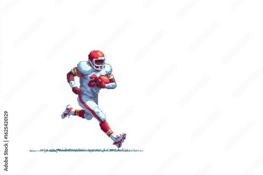 A dynamic football player in a bright uniform sprints across a grassy field, showcasing agility and speed. The characters intense focus and determination highlight the competitive spirit of the game.
