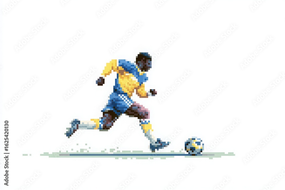 A soccer player sprints energetically with determination, wearing a vibrant yellow and blue uniform. The player skillfully runs on a grassy surface toward a ball, ready to strike.