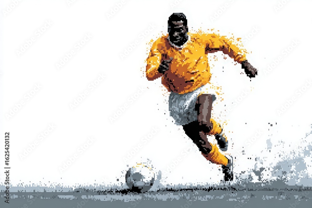 A soccer player in a bright yellow uniform sprints towards the ball on a rain-soaked field, splashing water as he moves. His focus is intense as he prepares to kick.