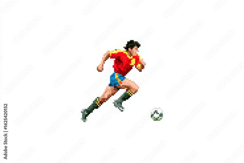 A soccer player sprinting with determination while dribbling a ball on the field. The athlete sports a red and yellow uniform with blue shorts. The artwork captures a dynamic moment during a game.