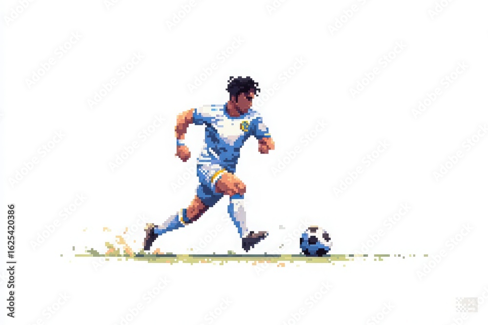 A player in a light blue soccer uniform is running with the ball on a field. The pixel art style emphasizes motion and energy, capturing the essence of the game in a vibrant way.