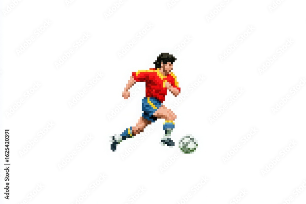A pixel art character in a red jersey with yellow accents and blue shorts runs energetically while dribbling a soccer ball on the field. The action captures the excitement of the sport.