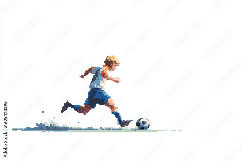 A young boy dressed in a white shirt and blue shorts sprints towards a soccer ball on a bright day. His determination is evident as he kicks the ball while kicking up dirt behind him.