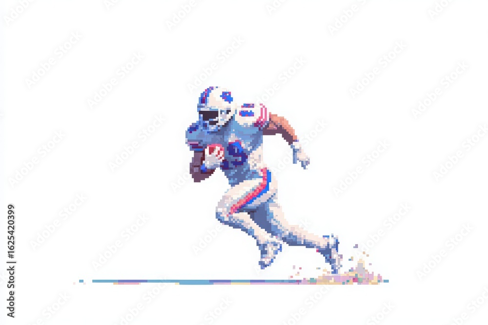 A dynamic football player wearing a blue and white uniform runs with the ball, showcasing speed and agility. The colorful pixel art captures the excitement of the game with a minimalistic background.