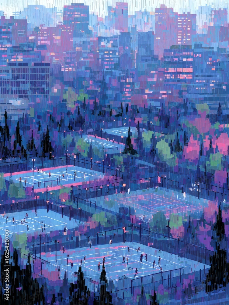 Tennis players engage in matches on multi-court facilities as dusk settles over a city skyline. A blend of vibrant colors illuminates the scene, showcasing trees and athletic energy.