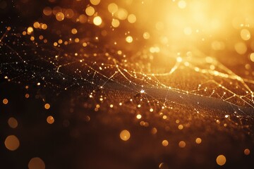 Golden spiderweb glistening with dew, illuminated by warm light, creating a magical, intricate design.
