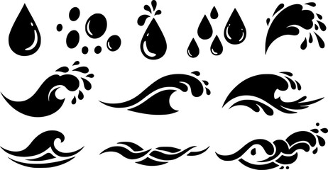 Water drops, black sea ocean waves stencil. Liquid elements, cry droplet icons vector set. Ink, sauce, river isolated splashes