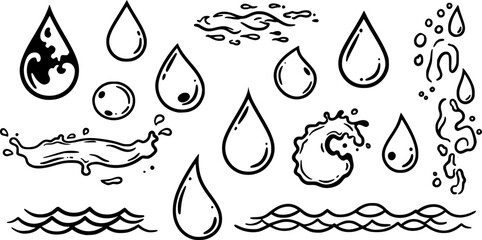Water drops, black sea ocean waves stencil. Liquid elements, cry droplet icons vector set. Ink, sauce, river isolated splashes