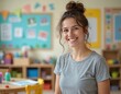 © Pete - Smiling Hispanic teacher in bright, colorful classroom. Confident, friendly educator with positive attitude, engaging in early childhood education. Dedicated professional in day care kindergarten