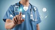 © tahir xh - A medical professional in blue scrubs interacts with a digital interface displaying various healthcare icons, symbolizing advancements in medical technology and patient care