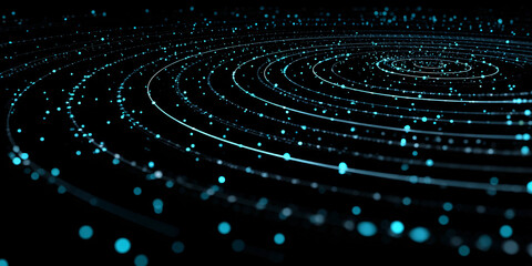 Wall Mural - Abstract dark background with circular patterns and particles. Blue digital circles on black background. glowing patterns. banner. illustration.