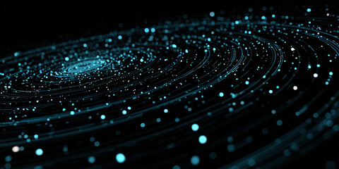 Wall Mural - Abstract dark background with circular patterns and particles. Blue digital circles on black background. glowing patterns. banner. illustration.
