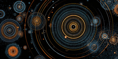 Wall Mural - Abstract dark background with circular patterns and particles. various circles on black background. orange and blue colors. banner. illustration.