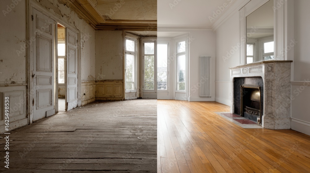 Home renovation before and after collage, left side old worn interior ...