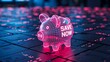 © See - Digital piggy bank hologram with save now text for futuristic finance and savings concept