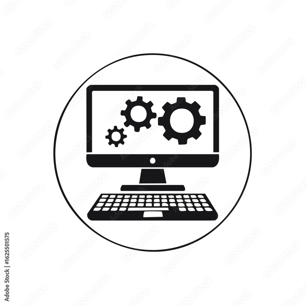 Computer screen with interconnected gears and keyboard icon ...