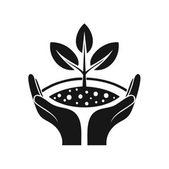Poster - Black and white vector icon of hands nurturing a young sapling for conservation and sustainability concepts