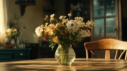 Wall Mural - bouquet of flowers in glass vase on wooden table serene, rustic room