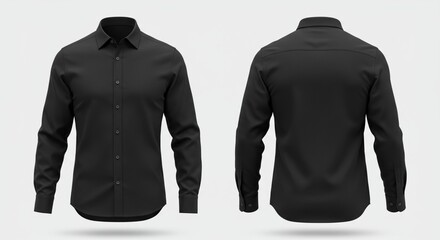 Black long sleeve button-up shirt mockup, front and back view on white background. Professional apparel display for branding, uniform, fashion design, or promotional use.