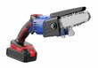 © Poetra RH - Close-up of a compact, portable mini chainsaw. This cordless tool is perfect for home garden work, small tree pruning, and DIY projects.