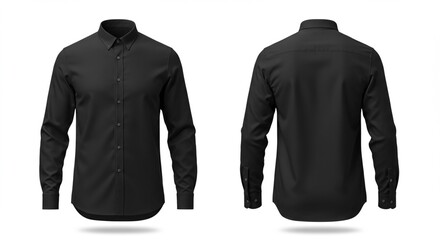 Black long sleeve button-up shirt mockup, front and back view on white background. Professional apparel display for branding, uniform, fashion design, or promotional use.