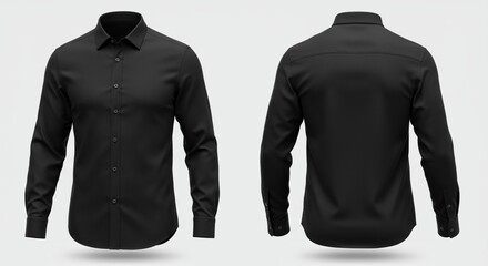 Black long sleeve button-up shirt mockup, front and back view on white background. Professional apparel display for branding, uniform, fashion design, or promotional use.