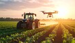 © Abdul Rosid - This image showcases a harmonious blend of modern farming and futuristic technology, with a state-of-the-art tractor plowing a vast expanse of farmland as the sun sets.  Above it, a,tractor in field