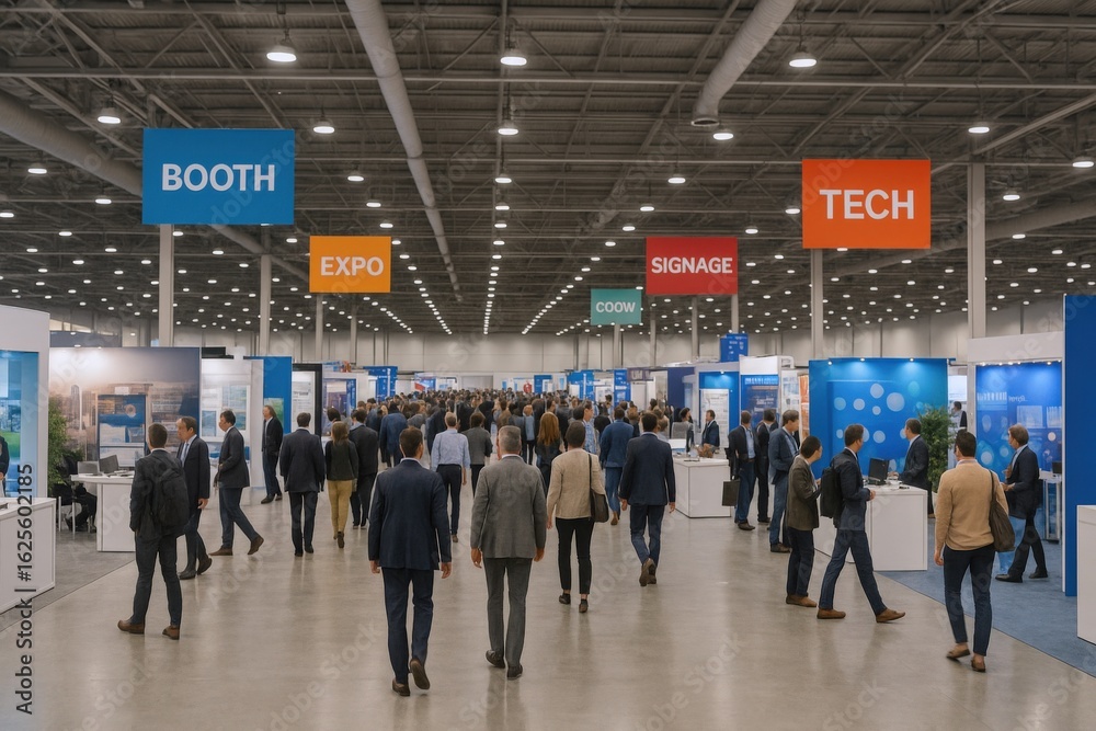 Busy Trade Show Floor with Attendees Walking Between Booths and ...