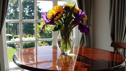 Wall Mural - Delicate bouquet sunshine yellow daisies lavender purple blooms glows sunlit table clear vase catching rays bright K clip communicates spring freshness cheerful ambiance floral e commerce home decor