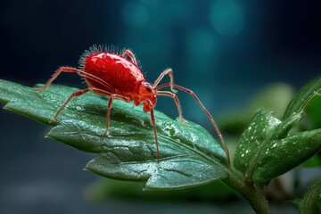 red insect on a green leaf - macro photography