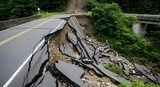 An asphalt road collapsed and cracked after a powerful earthquake. Natural disaster, destruction, and geology concept. Landslide damage.